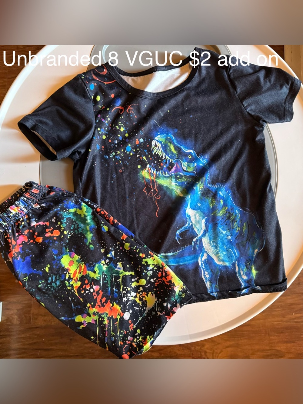 Black Neon Dinosaur Print Tee and Shorts Set